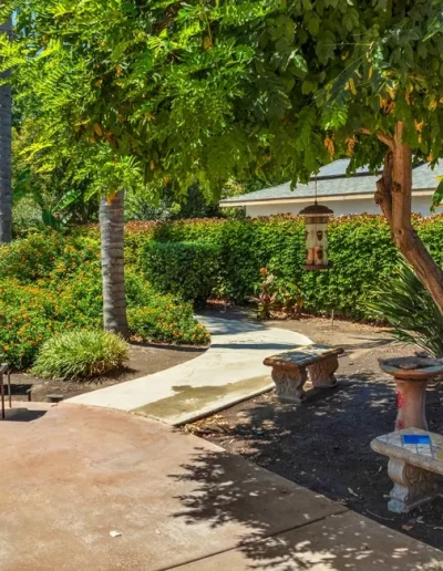 Outdoor garden area at Glory Days Senior Care, featuring a variety of plants, mature palm trees, and seating with benches.